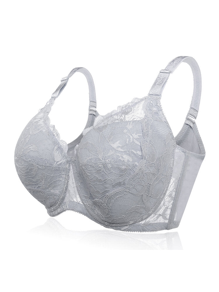 Plus Size Lace Jacquard Gather Full Coverage Push Up Bra, Grey Main image