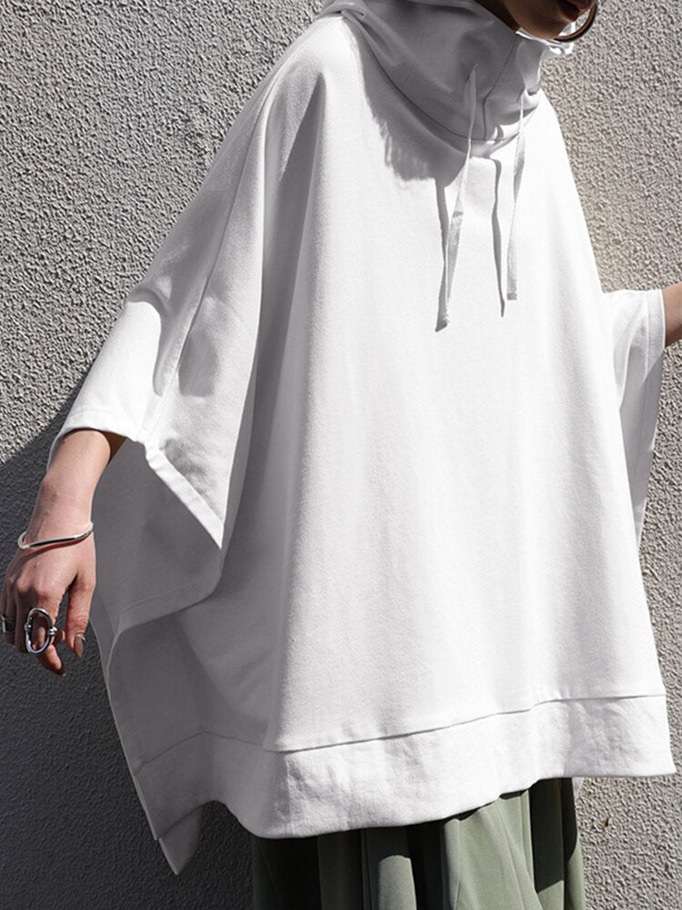 Women Solid Color Turtleneck Collar Dolman Sleeveless Retro Hooded Sweatshirt