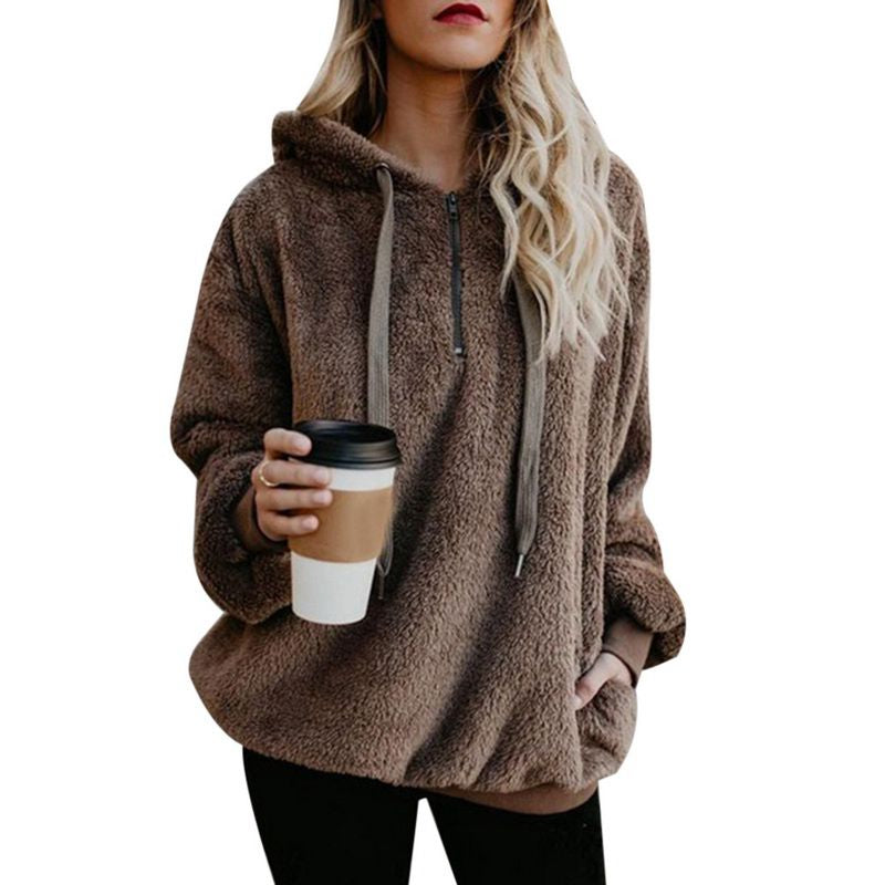 Fleece Long Sleeve Hooded Pullover Sweatshirt Autumn Winter Warm Zipper Pocket Fur Coat For Women Main image
