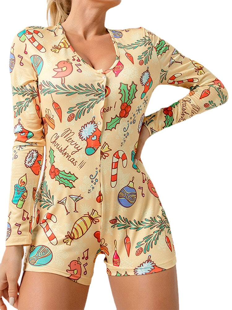 Plus Size Women Cartoon Print V-Neck  Long Sleeve Onesies Home Sleepwear Rompers