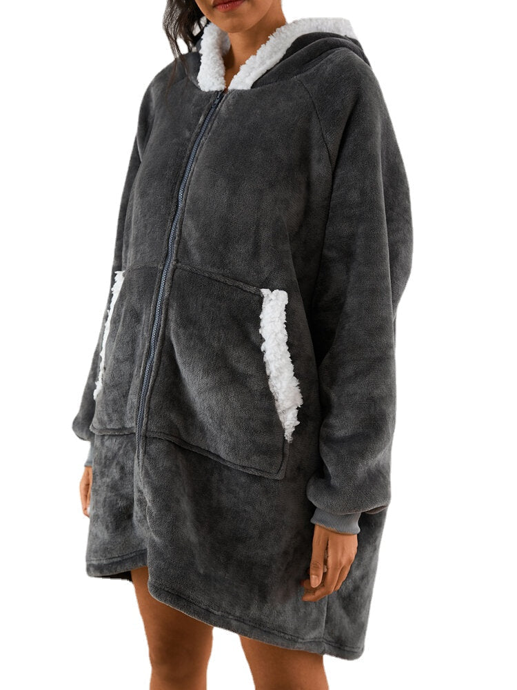 Women's Plush Oversized Blanket Hoodie with Zipper & Kangaroo Pocket - Warm Sleepwear Robe