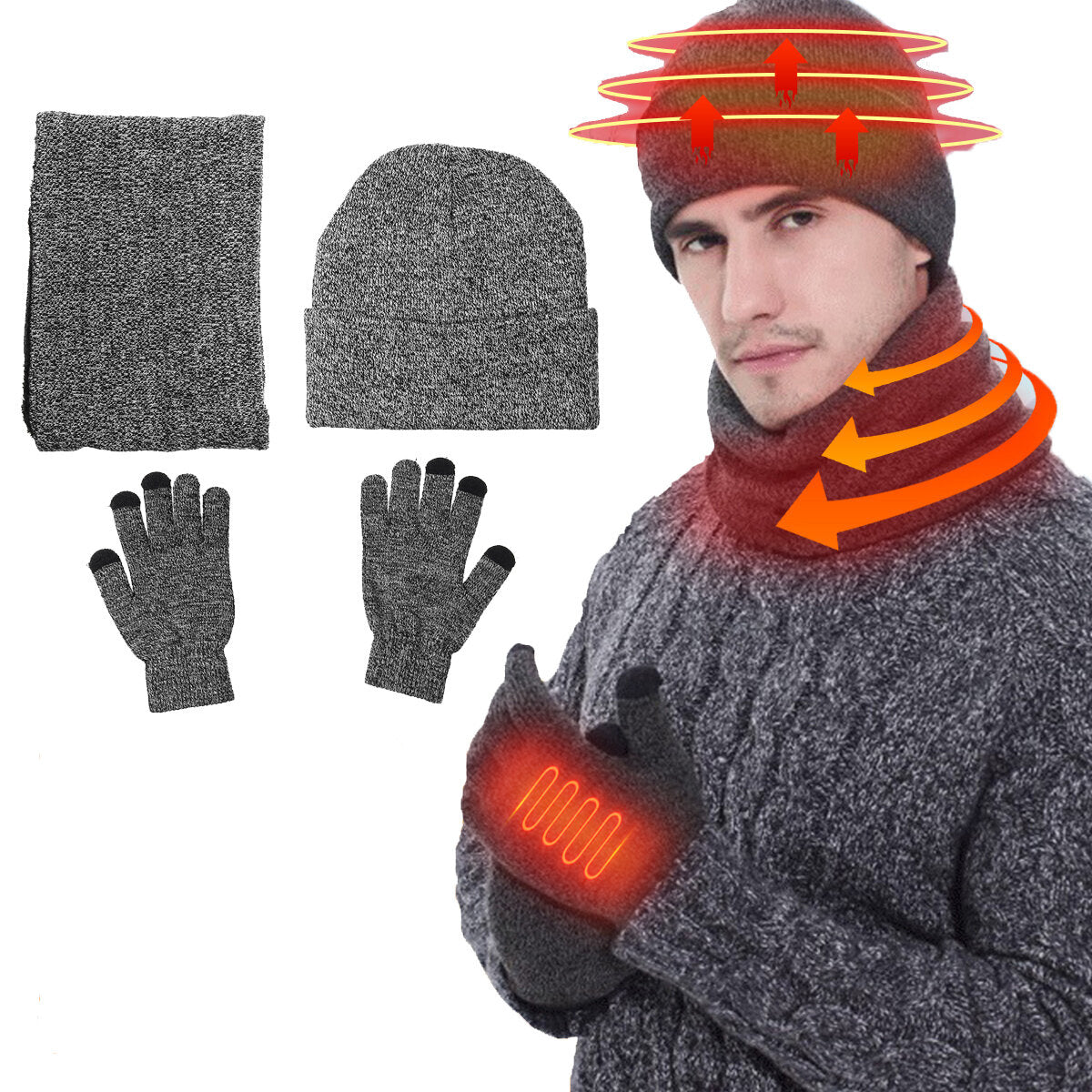 3 IN 1 Winter Beanie Hat Knitted Scarf Set Cap+Touch Screen Ski Thick Gloves Main image