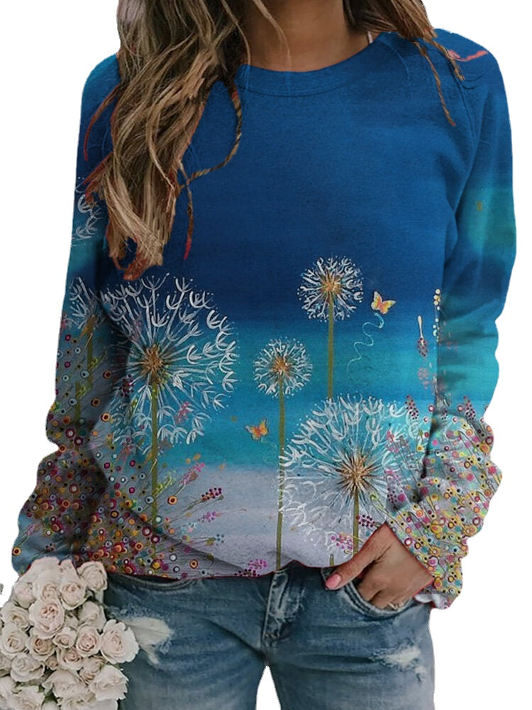 Women Flower Printed Ombre Long Sleeve O-Neck Daily T-Shirt