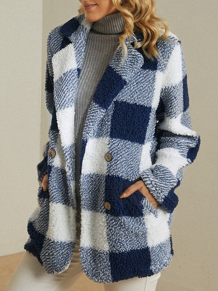 Women Plaid Warm Fluffy Plush Double Breasted Coat With Pocket