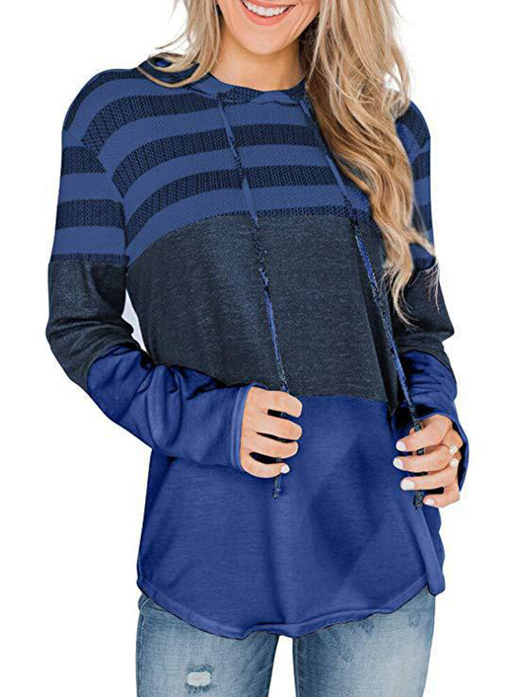 Women Christmas Elk Stripe Patchwork Casual Long Sleeve Drawstring Hoodies