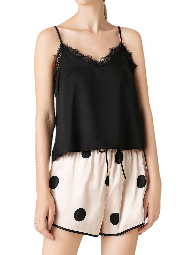 Women's Black Lace V-Neck Pajama Set - Sleeveless Vest & Polka Dot Shorts Main image