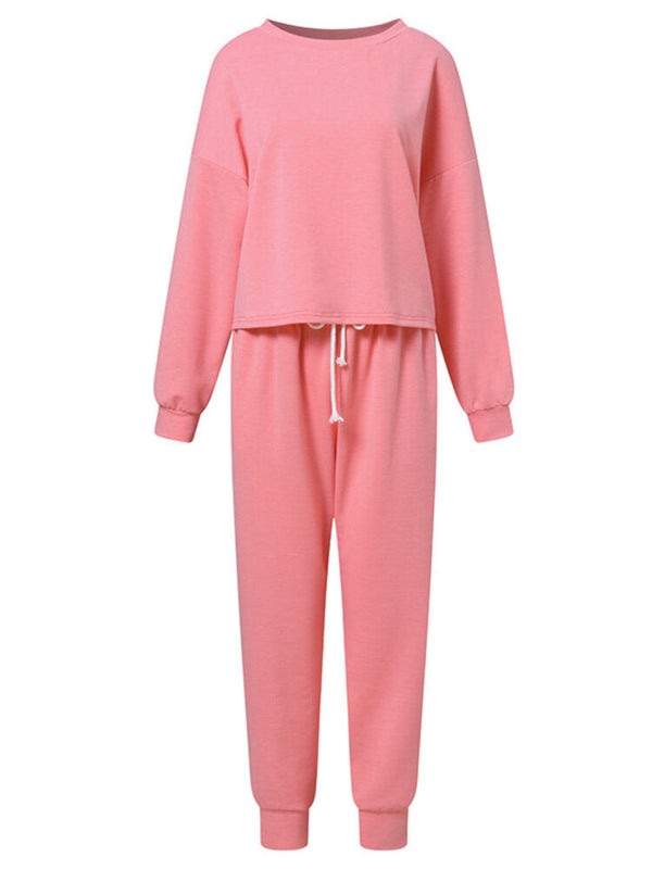 Women Side Pockets Solid Color Elastic Waist Casual Two-Piece Sets