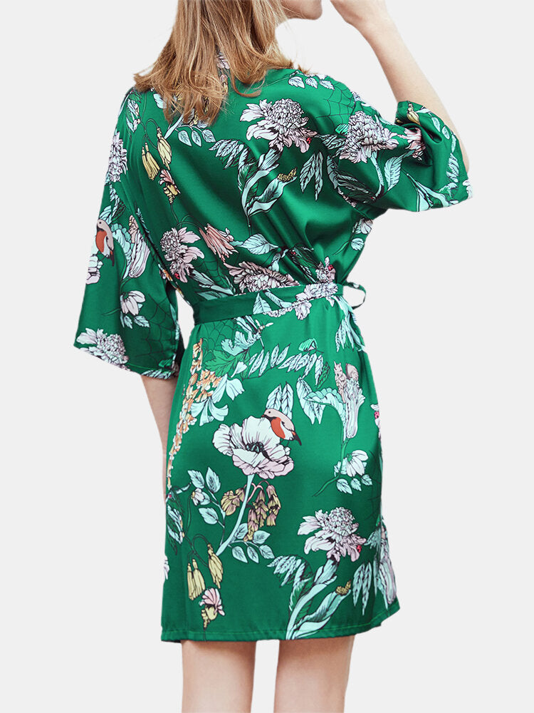 Plus Size Floral Print Half Sleeve Faux Silk Sleepwear Robe for Women