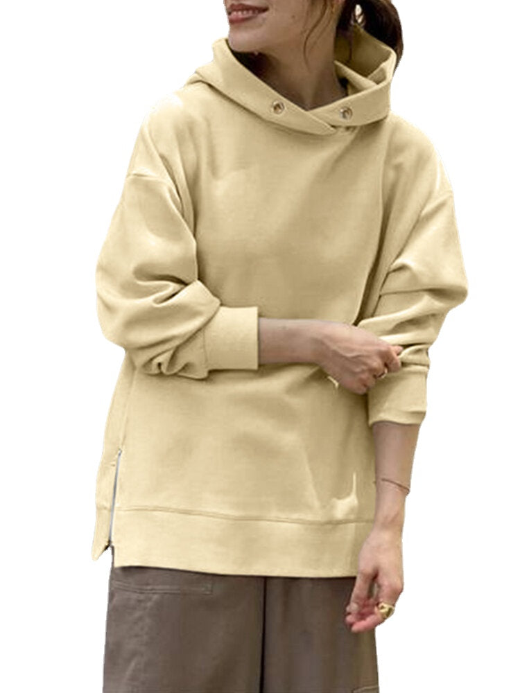 Women Korean Style Zipper Split Hem Commute Solid Hoodie