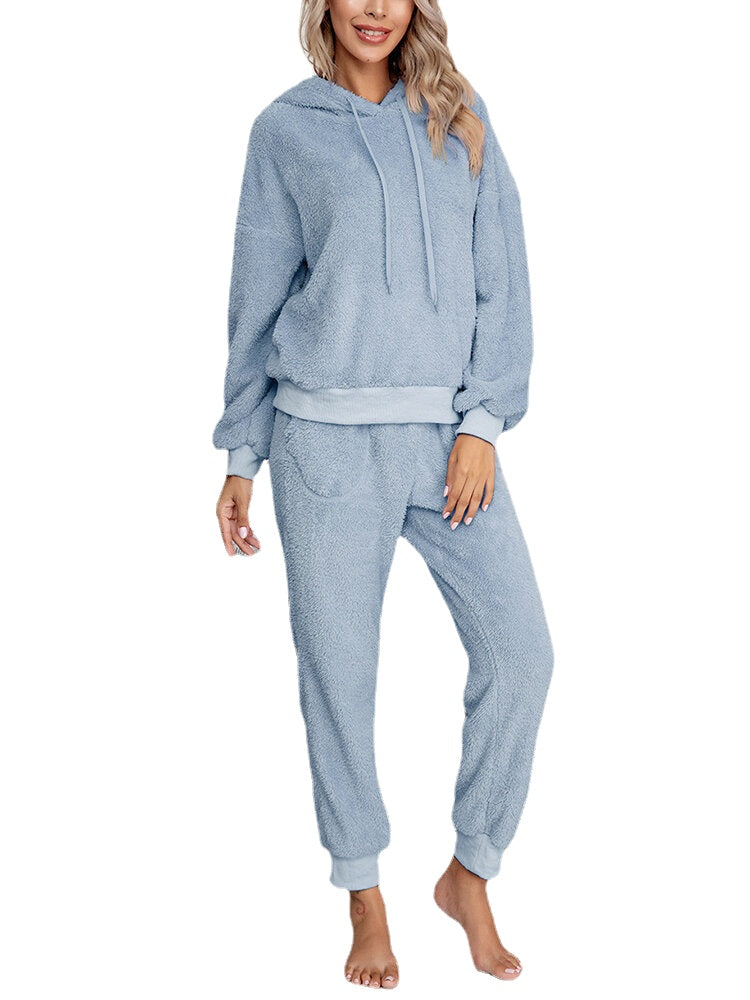 Women Soft Solid Color Hoodie Pocket Elastic Waist Jogger Pants Home Plush Pajama Set