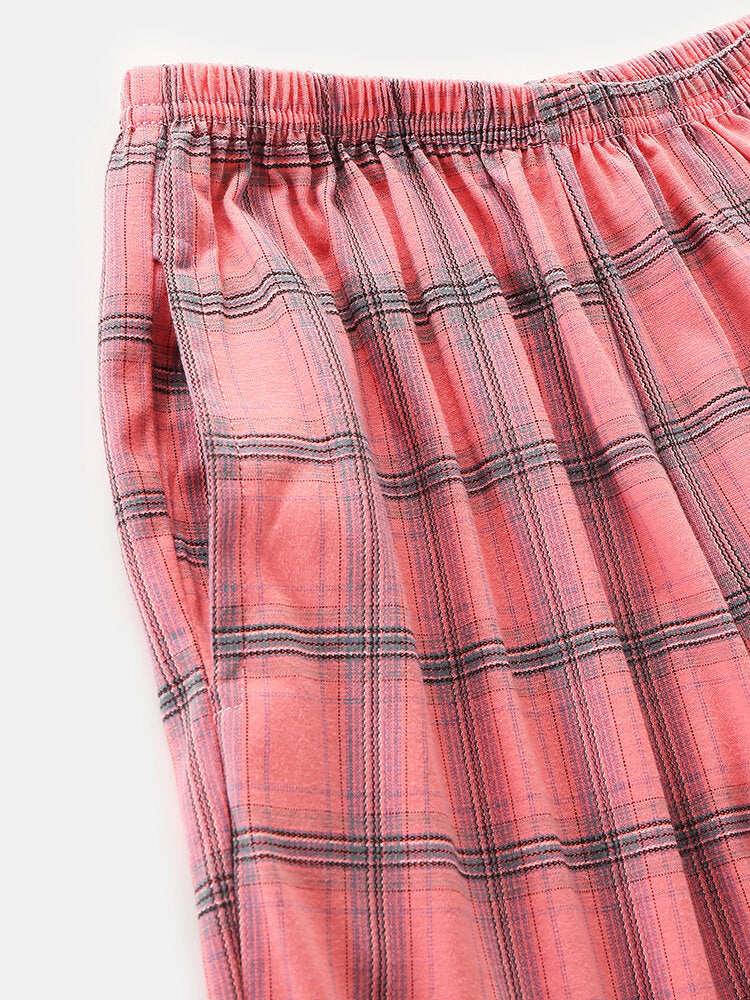 Women's Plaid Revere Collar Shirt & Elastic Waist Pants Pajama Set