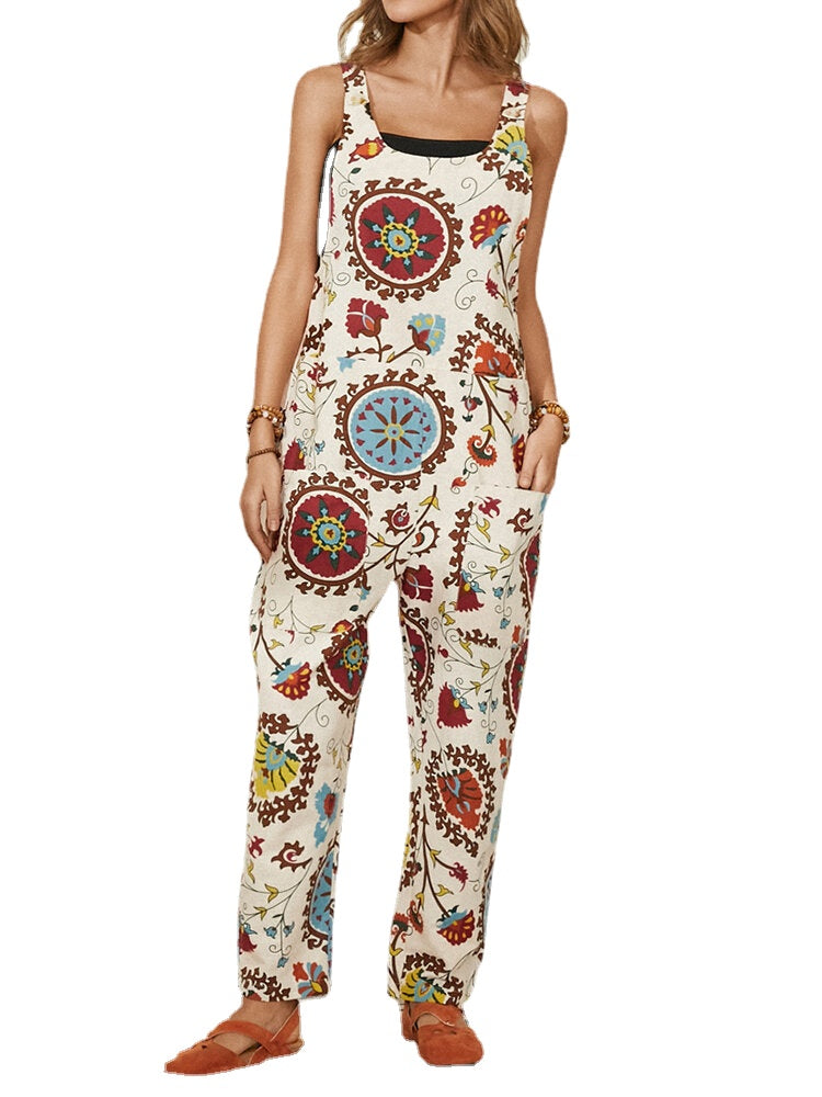 Women Ethnic Pattern Print Straps Casual Loose Jumpsuit With Pocket Main image