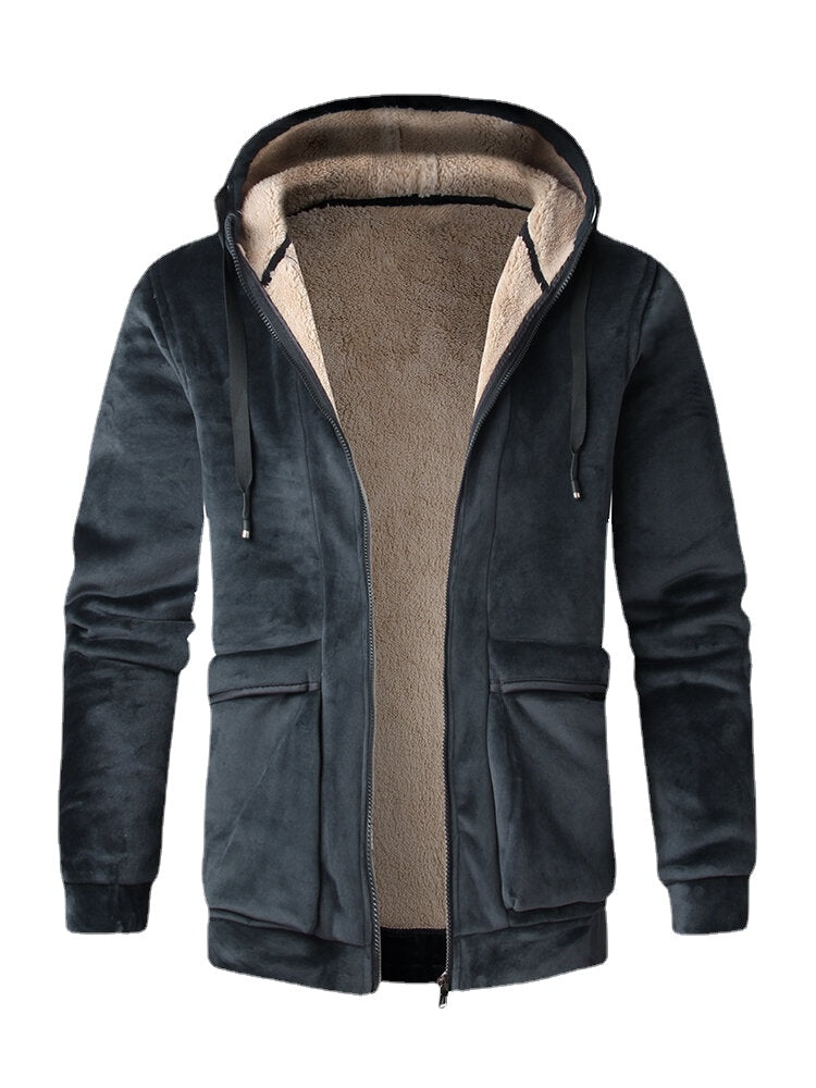 Mens Solid Color Velvet Sherpa Lined Warm Large Pocket Thicken Coats Main image