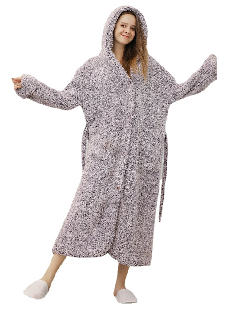 Women's Warm Fleece Hooded Robe with Belt and Buttons