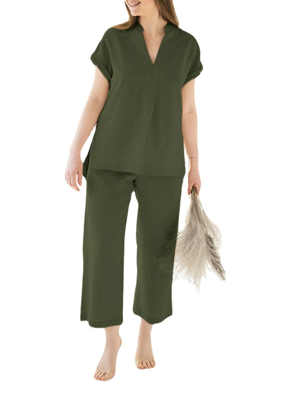 Leisure Solid Split Elastic Waist Short Sleeve Cotton Suit