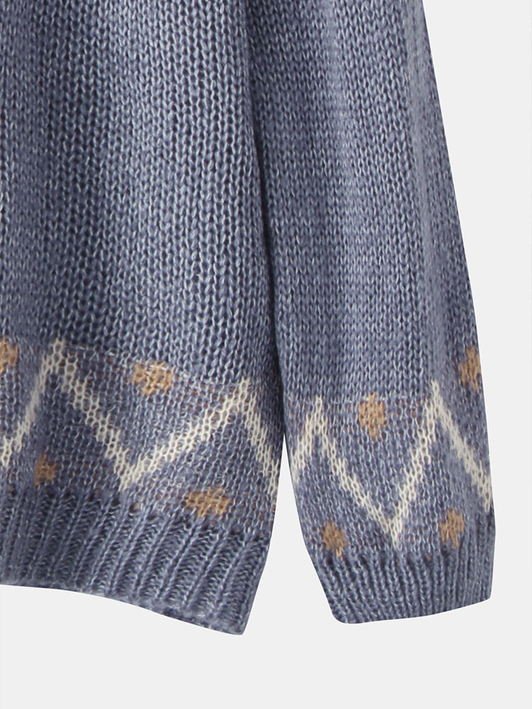 Women Vintage Pattern Knit Raglan Sleeve Casual Pullover Sweaters