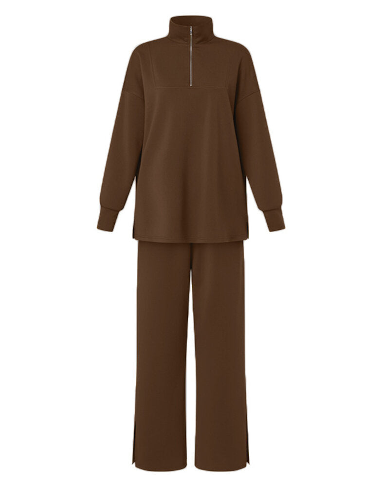 Women Turtleneck Solid Color Ankle Length Zipper Elastic Waist Two-Piece Sets Main image