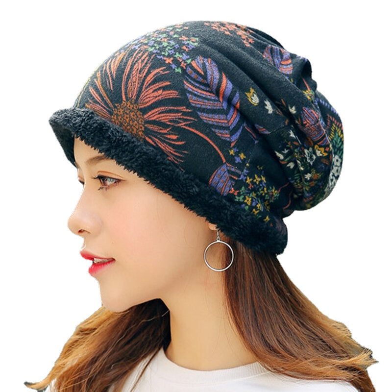 Women Warm Plus Velvet Thicken Beanie Hat Collar Cashmere Fashion Painting Hat Secondary image