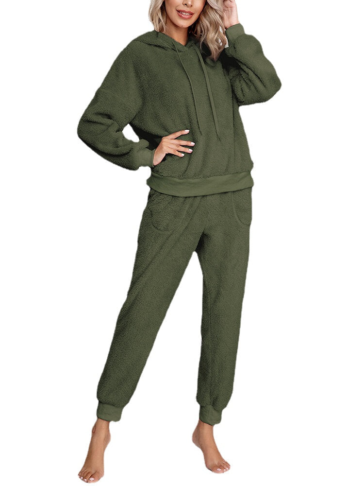 Women's Fleece Hoodie & Jogger Pajama Set - Cozy Solid Color Loungewear