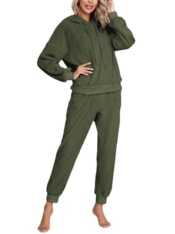 Women's Fleece Hoodie & Jogger Pajama Set - Cozy Solid Color Loungewear