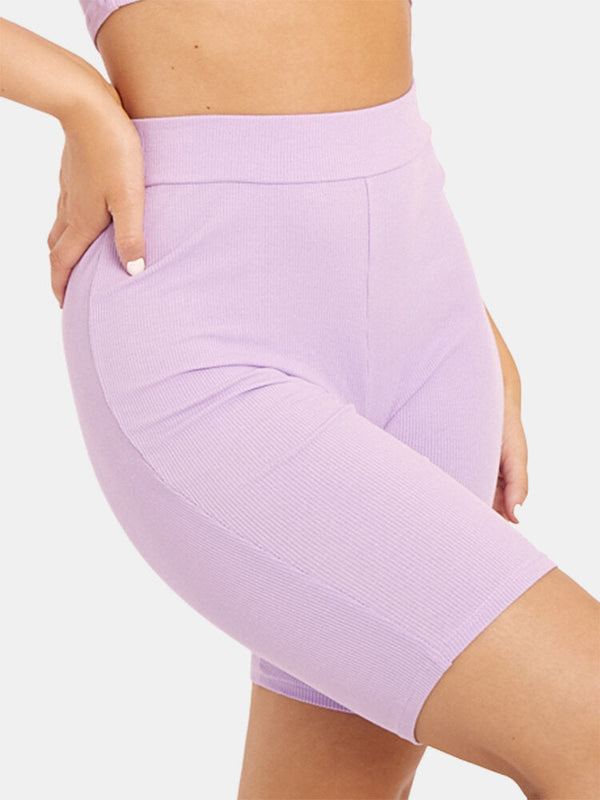 Women Solid Color High Waist Elastic Sport Fitness Shorts