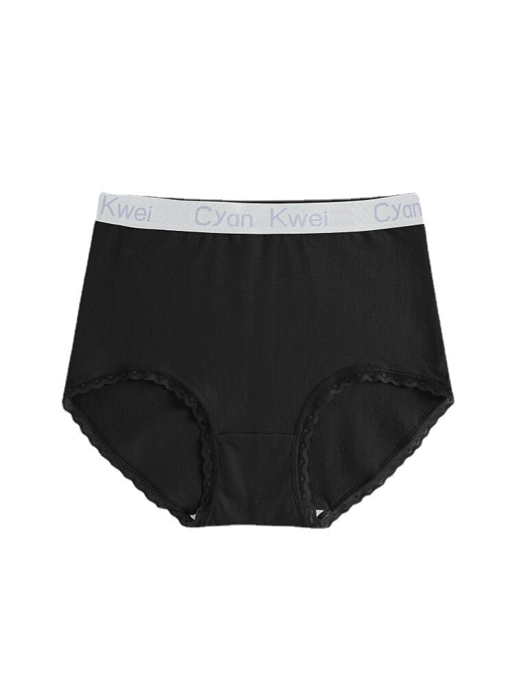 Women's Cotton Lace Trim Panties with Letter Waistband - Solid Color, Cozy Lining