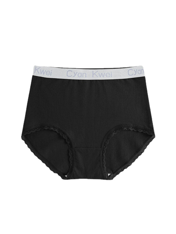 Women's Cotton Lace Trim Panties with Letter Waistband - Solid Color, Cozy Lining