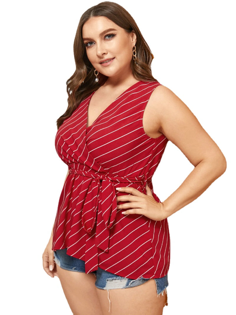 Plus Size Belt Design Striped V-neck Tank Top Main image