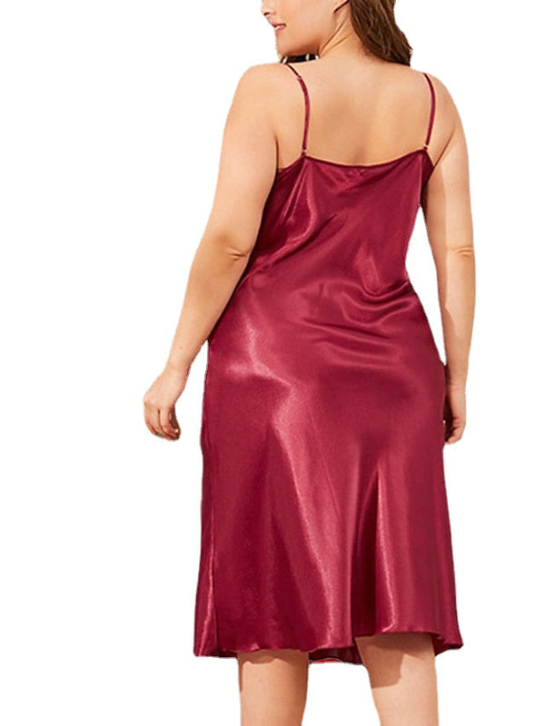 Plus Size Satin Nightgown Dress - Sleeveless, Backless, Pure Color, Spring/Summer Comfort Pajamas