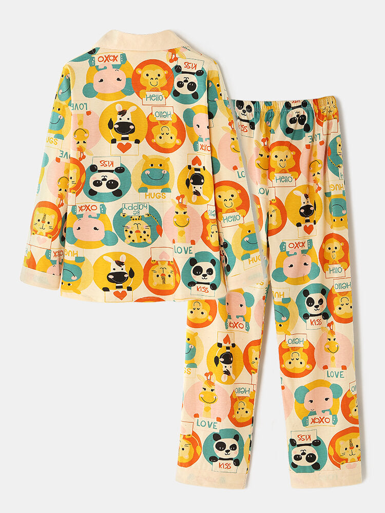 Women's Cartoon Animal Print Cotton Pajama Set - Button Up, Long Sleeve, Elastic Waist