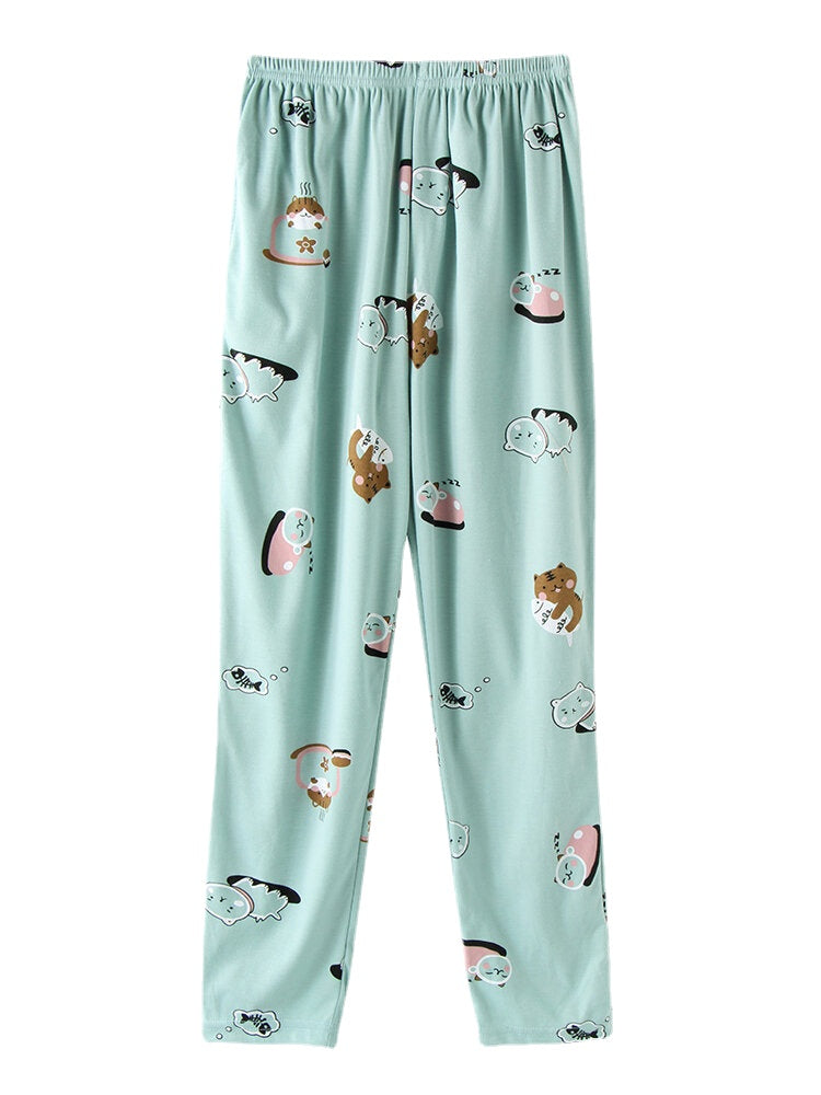 Women's Cartoon Animal Print Pajama Set with Pockets & Elastic Waist, Long Sleeve