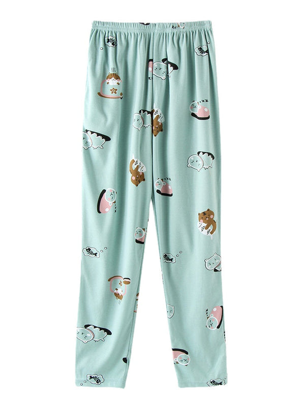 Women's Cartoon Animal Print Pajama Set with Pockets & Elastic Waist, Long Sleeve