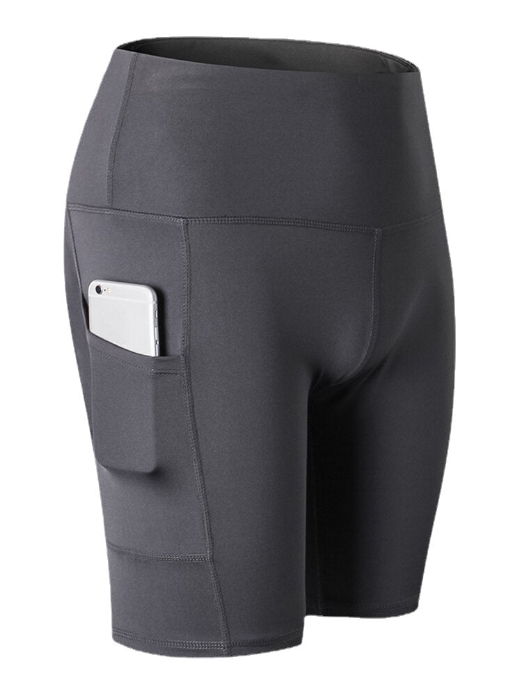 Women Solid Color Quick Dry Yoga Sport High Elastic Shorts With Side Pocket