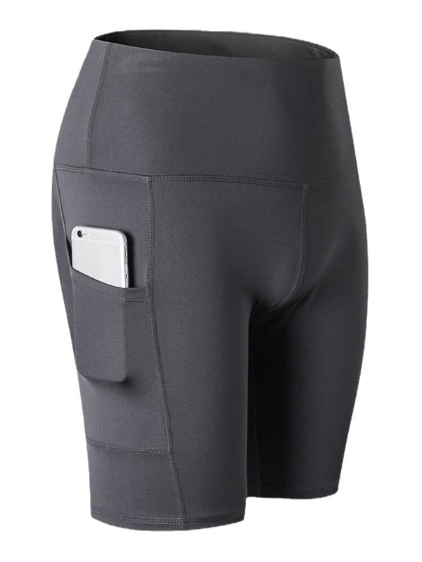 Women Solid Color Quick Dry Yoga Sport High Elastic Shorts With Side Pocket