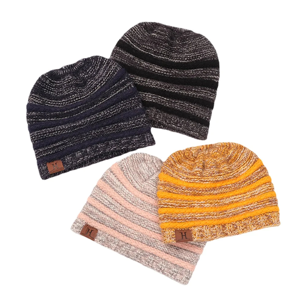 Unisex Wool Stripe Pattern Keep Warm Empty Top Ear Protection Knitted Hat Main image