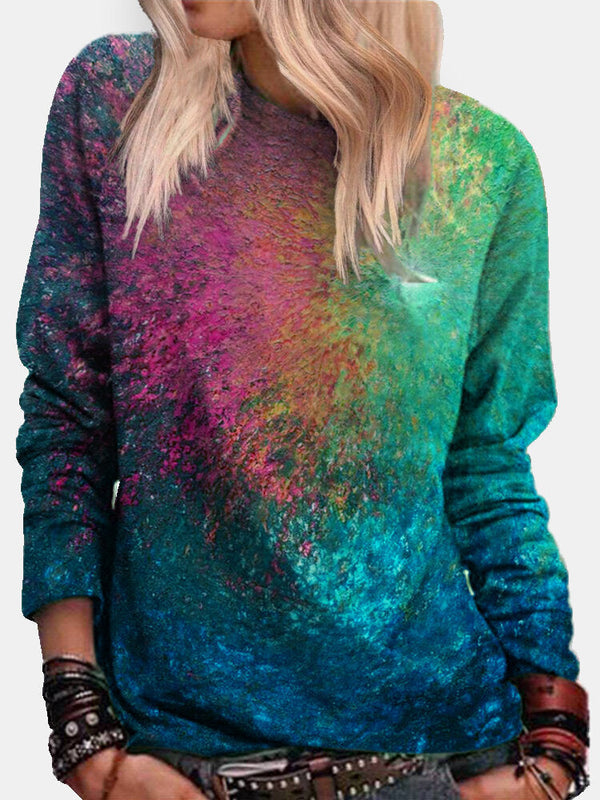 Women Colorful Tie-Dye Print O-Neck Casual Long Sleeve Pullover Sweatshirt