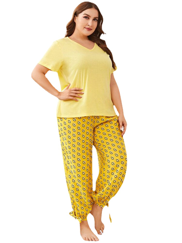 Plus Size V-Neck Top & Print Tie Pants Pajama Set for Women
