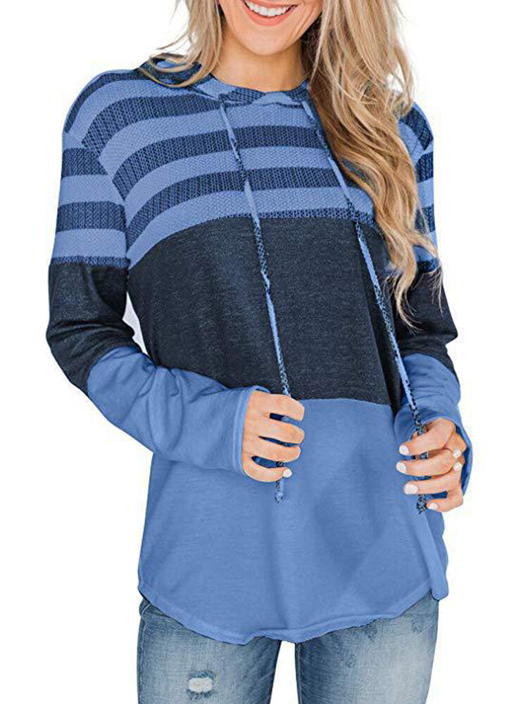 Women Christmas Elk Stripe Patchwork Casual Long Sleeve Drawstring Hoodies