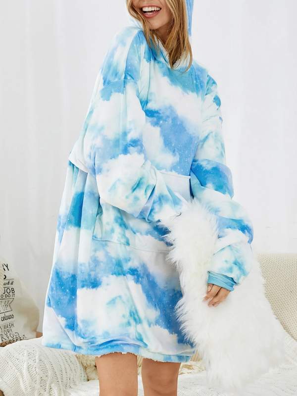 Women's Reversible Sky Print Blanket Hoodie with Pouch Pocket - Warm, Oversized Homewear
