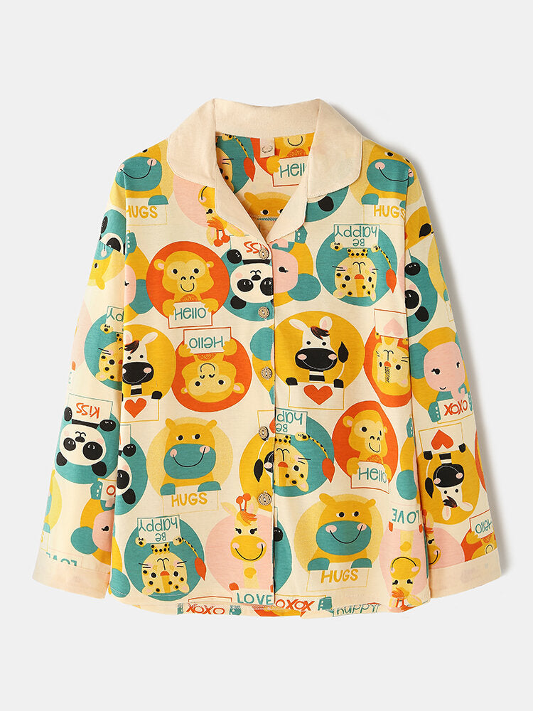 Women's Cartoon Animal Print Cotton Pajama Set - Button Up, Long Sleeve, Elastic Waist