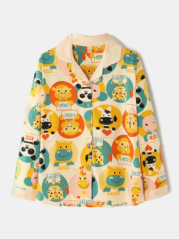 Women's Cartoon Animal Print Cotton Pajama Set - Button Up, Long Sleeve, Elastic Waist