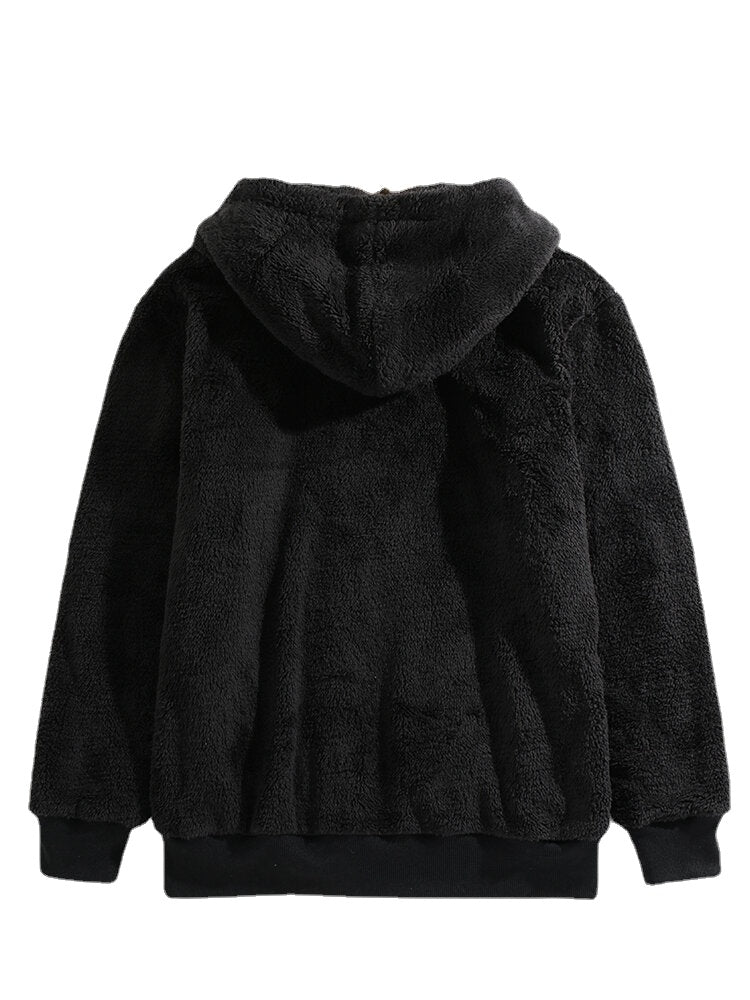 Mens Black Plush Warm Long Sleeve Pocket Teddy Hooded Jacket Secondary image