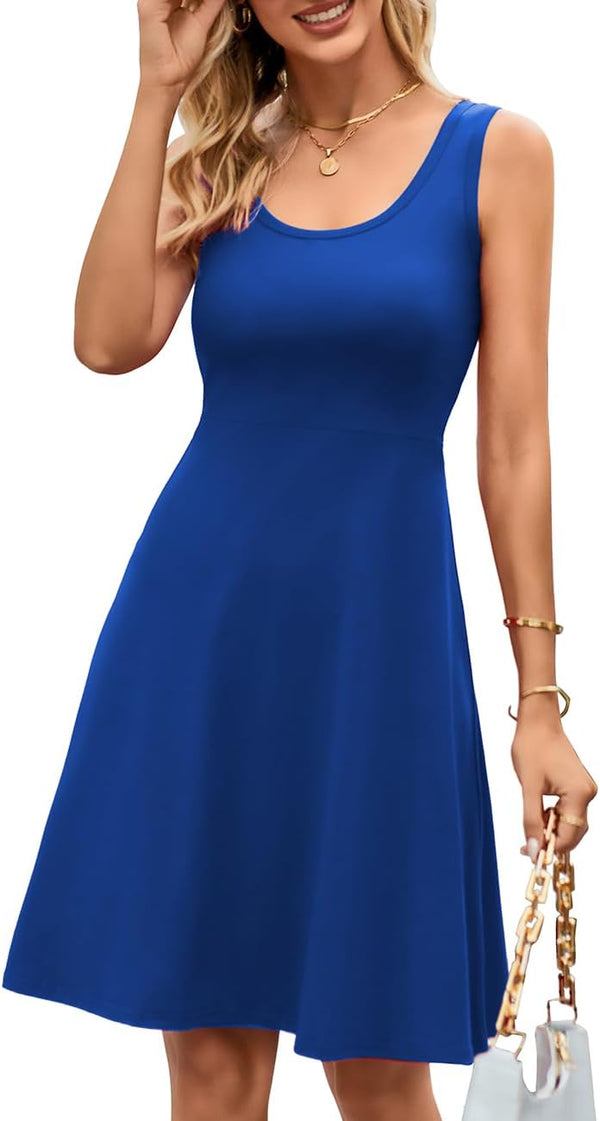 Women Summer Slim Sleeveless Scoop Neck A-Line Flare Sun Dresses