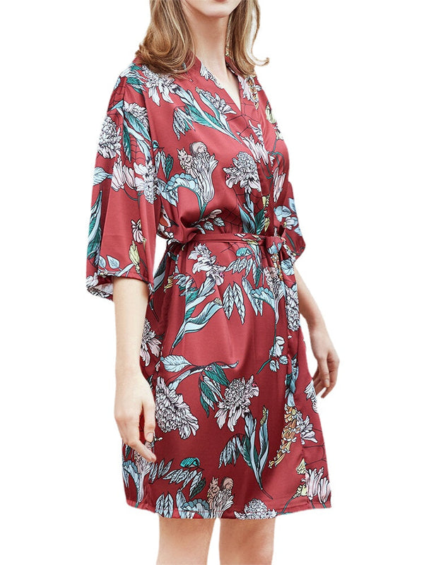 Plus Size Floral Print Half Sleeve Faux Silk Sleepwear Robe for Women