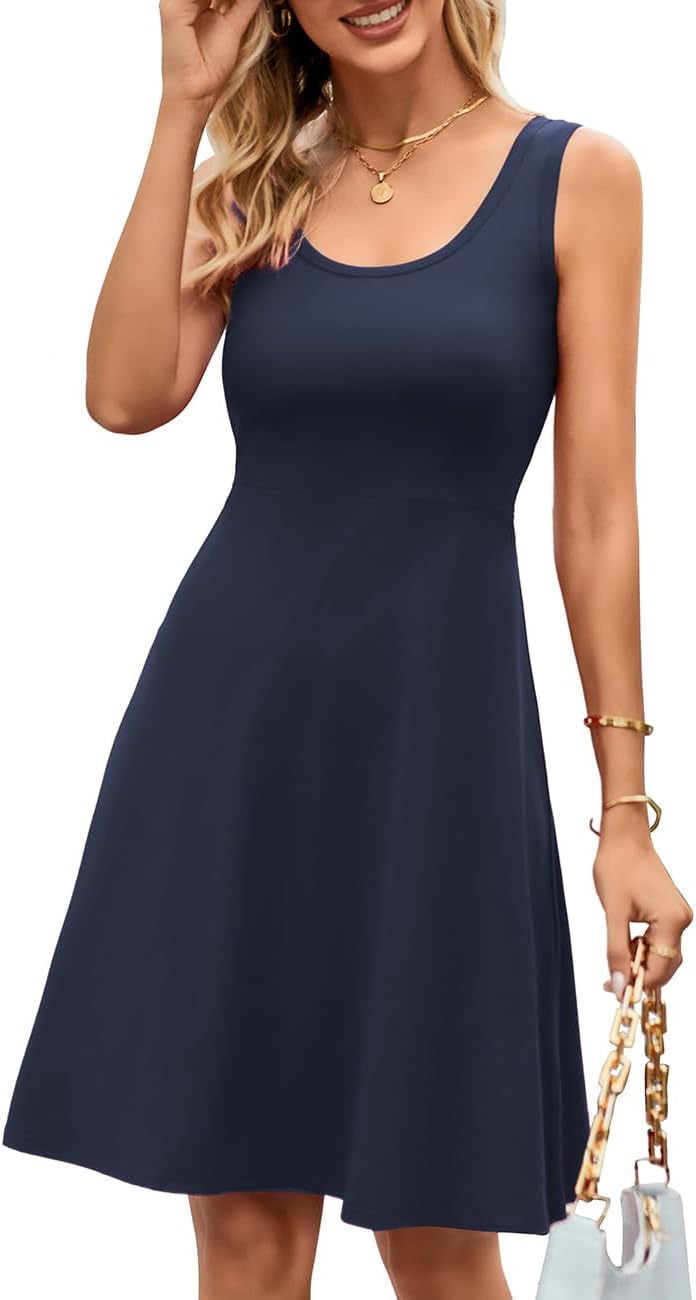 Women Summer Slim Sleeveless Scoop Neck A-Line Flare Sun Dresses