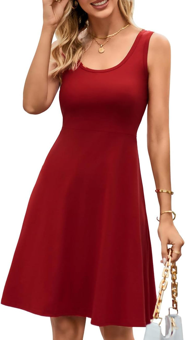 Women Summer Slim Sleeveless Scoop Neck A-Line Flare Sun Dresses