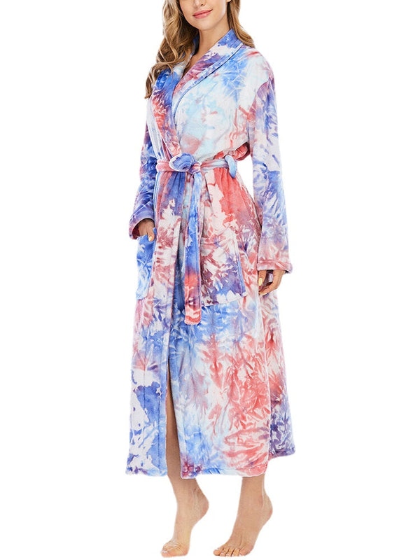 Women's Tie Dye Flannel Long Sleeve Robe with Double Pockets