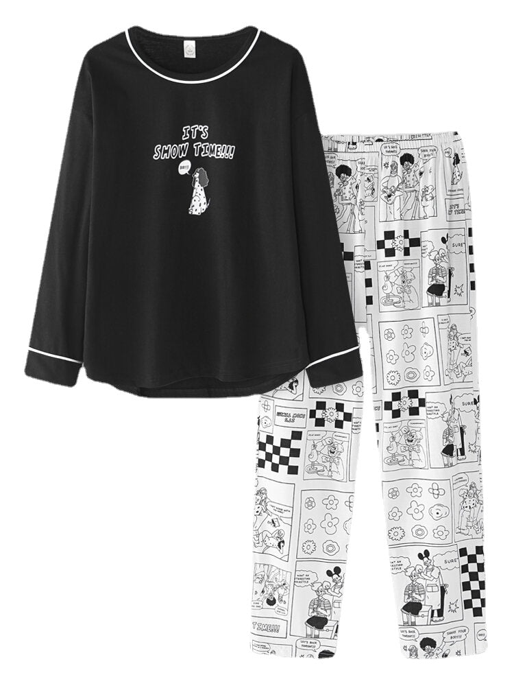 Women's Anime Print Black Pajama Set - Pullover & Elastic Waist Pants