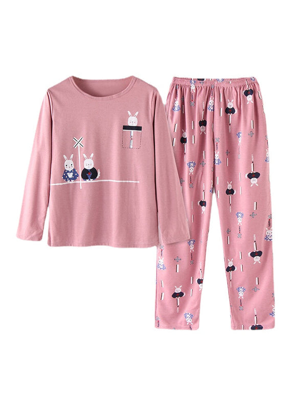 Women's Cartoon Animal Print Pajama Set with Pockets & Elastic Waist, Long Sleeve