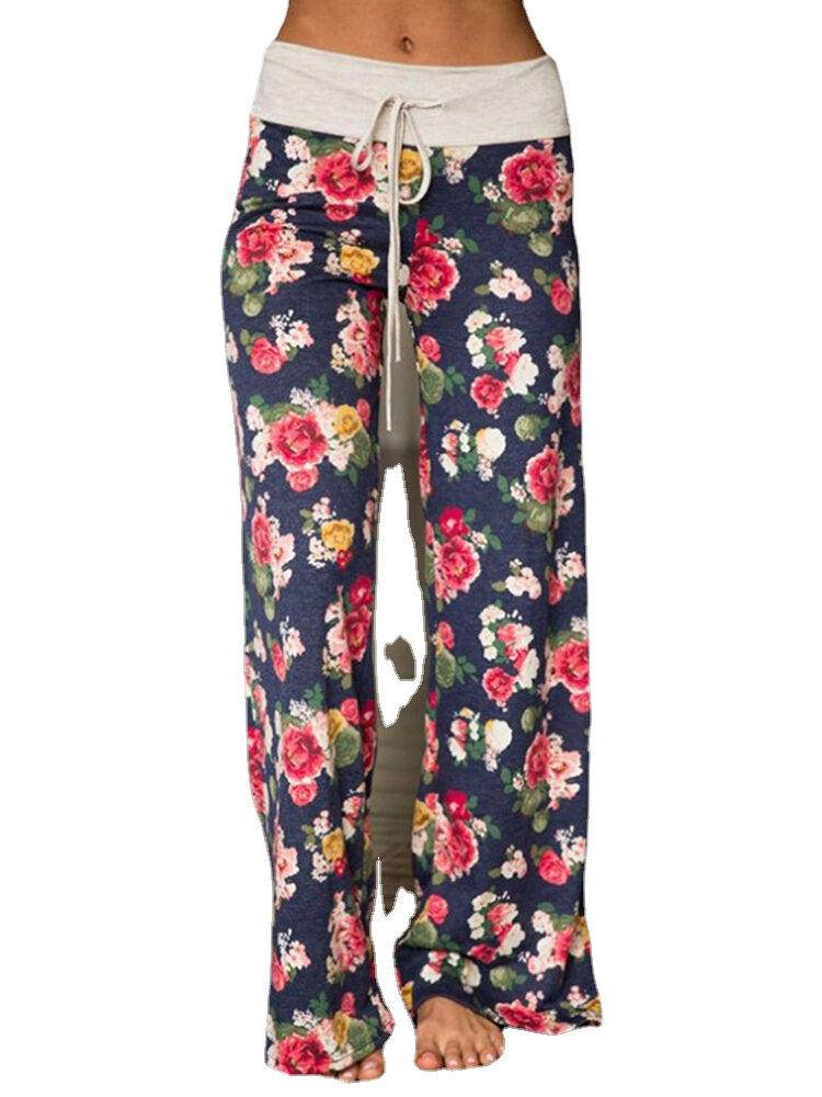 Women Plus Size Allover Flowers Print Drawstring Waist Loose Casual Home Pajamas Pants